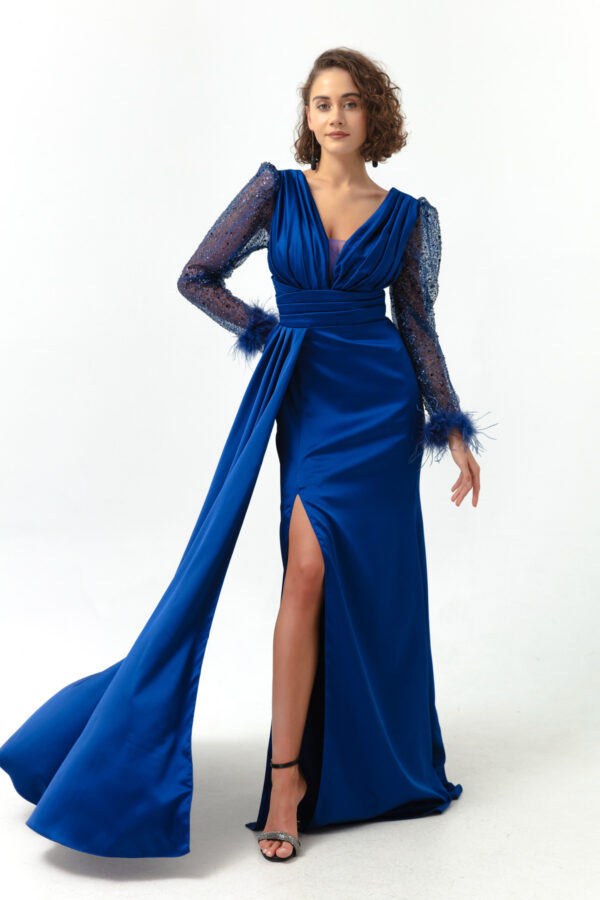 Lafaba Women's Sax V-neck Long Evening Dress with a Slit with Jewels on the sleeves.