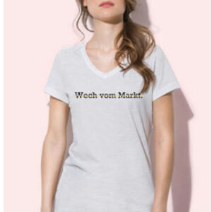 JGA Junggesellinnenabschied - "Wech vom Markt" Damen T-Shirt mit V-Neck von Laue Festgarderobe  Das T-Shirt aus 100% Bio Baumwolle mit typisch nordischem Statement "Wech vom Markt" eignet sich perfekt für jede Junggesellinnenparty und ist ein Musthave für alle Bräute.   Farbe: weiß   Kragenform: V-neck  Ärmellänge: Kurzarm  Material: 100% Bio Baumwolle (leicht weiß meliert)