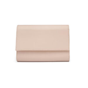 Edle Clutch von Abrazi in nude mit einer goldenen Schulterkette. Die Handtasche aus hochwertigem Leder besticht durch sein cleanes und minimalistisches Design. Das Handgelenkskettchen