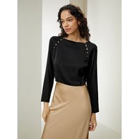 LILYSILK Top Für Damen Schwarz DE 100% Double-Joe-Seide Knopfdetail Vorn Geteilte Armlöcher Mit Knopf Pullover Mit Kurzem Reißverschluss Hinten 30