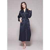 LILYSILK Morgenmantel Damen Seide Dunkel Blau Deutschland 100% Maulbeerseide Kontrastfarbiger Atmungsaktiv XS