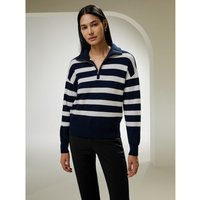 LILYSILK Woll Pullover Damen Marineblau Mit Weißen Streifen DE 100% Ultrafeine Merinowolle Entspannte Passform S