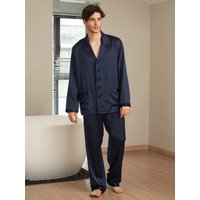 LILYSILK Pyjama Herren Seide Dunkel Blau Deutschland 100% Reine Seide Mit Gestreiften Bündchen Weich Und Gemütlich L