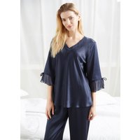 LILYSILK Pyjama Seide Damen Dunkel Blau Deutschland 100% Seide 3/4 Ärmel Mit Spitzenbesatz Leicht Und Atmungsaktiv XL