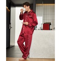 LILYSILK Pyjama Seide Herren Rotwein Deutschland 100% Reine Seide Klassischer Reverskragen Weich Und Gemütlich S