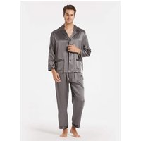 LILYSILK Seidenpyjama Dunkel Grau DE 22 Momme Charmeuse Seide Lange Ärmel Mit Gestreiften Bündchen 100% Seide XXL