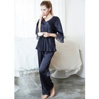 LILYSILK Seiden Pyjama Set Damen Dunkel Blau Deutschland 100% Reine Seide Mit V-Ausschnitt Weich Und Gemütlich M