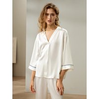 LILYSILK Seiden Pyjama Set Damen Natürliches Weiß DE 22 Momme Seidenwildleder Glatt Weich V-Ausschnitt XS