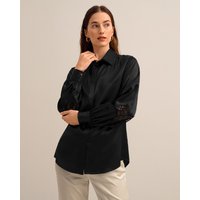 LILYSILK Seiden Bluse Damen Schwarz Deutschland 100% Seide Klasse 6A Mit Delikatspitze Auf Den Ärmeln Handgefertigt XL