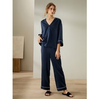 LILYSILK Seiden Pyjama Damen Dunkel Blau DE Glatt Weich Mittlere Leibhöhe Dreiviertelärmel Lockere Passform XL