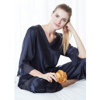 LILYSILK Seidenpyjama Set Damen Dunkel Blau DE Charmeuse Seide Glatt Super Weich S