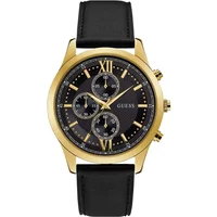 Schwarze Leder Herrenuhr mit Goldakzenten Guess